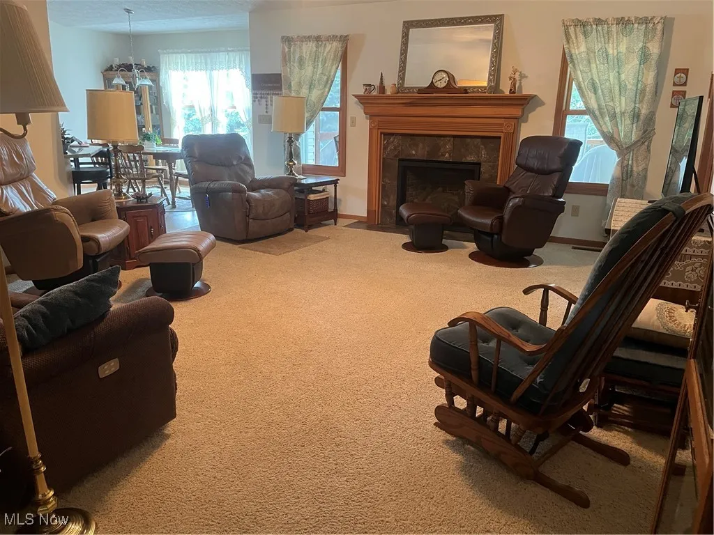 Living room with carpet and a fireplace