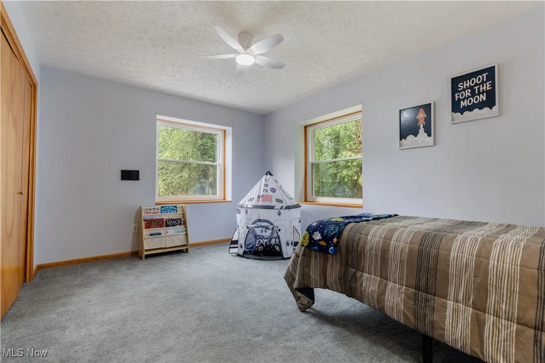 Bedroom featuring carpet and ceiling fan