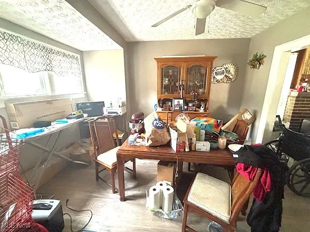 Office space featuring a ceiling fan, wood finished floors, and a textured ceiling