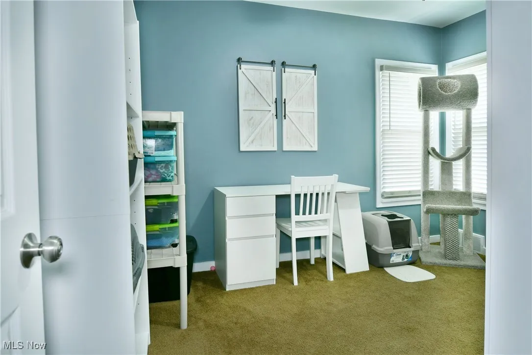 Carpeted office space with healthy amount of natural light