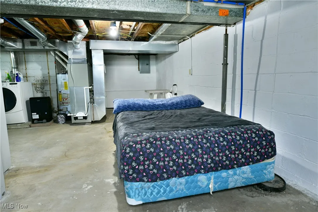 Unfinished below grade area with washer / dryer, electric panel, heating unit, water heater, and concrete block wall