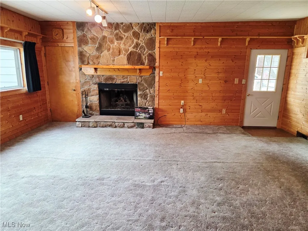 Unfurnished living room with wood walls, carpet flooring, a fireplace, and track lighting
