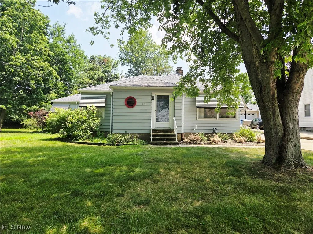 View of front of property featuring entry steps, a front yard, and a chimney