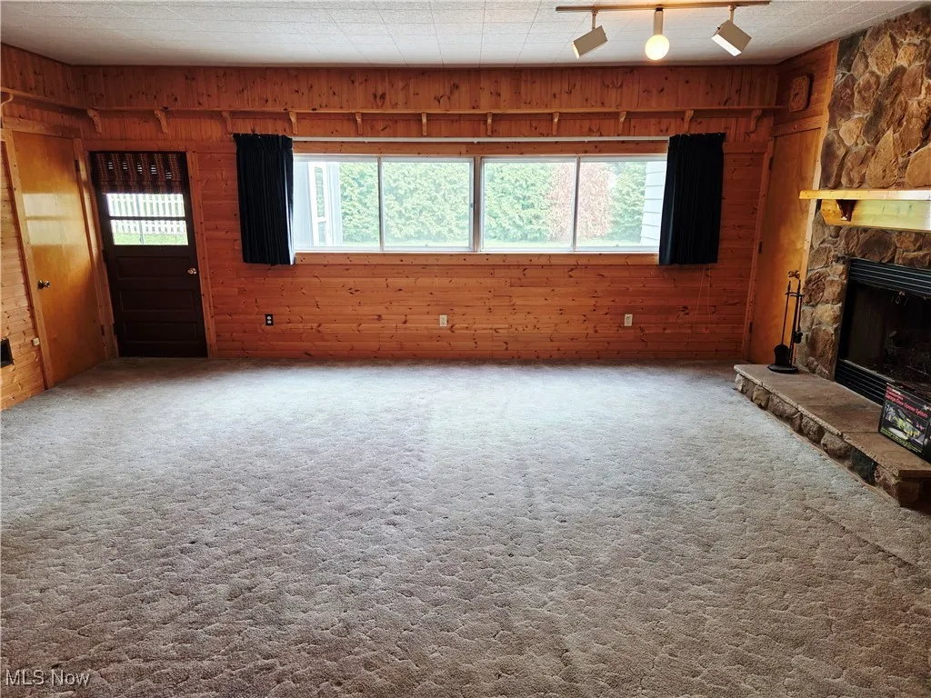 Unfurnished living room with wooden walls, carpet flooring, and a fireplace