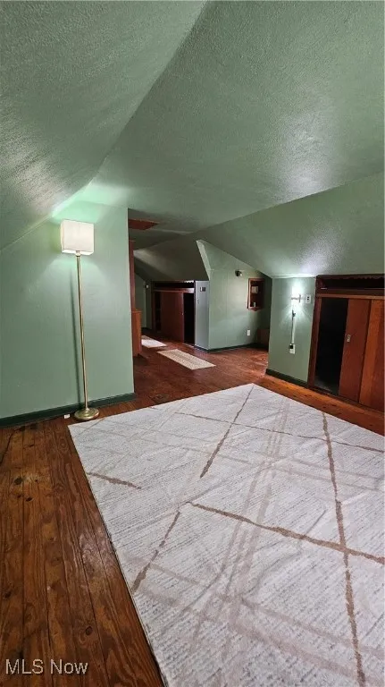 Bonus room with vaulted ceiling, wood-type flooring, and a textured ceiling