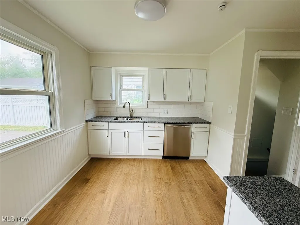 Kitchen featuring dishwasher, light wood-style flooring, dark stone counters, wainscoting, and backsplash