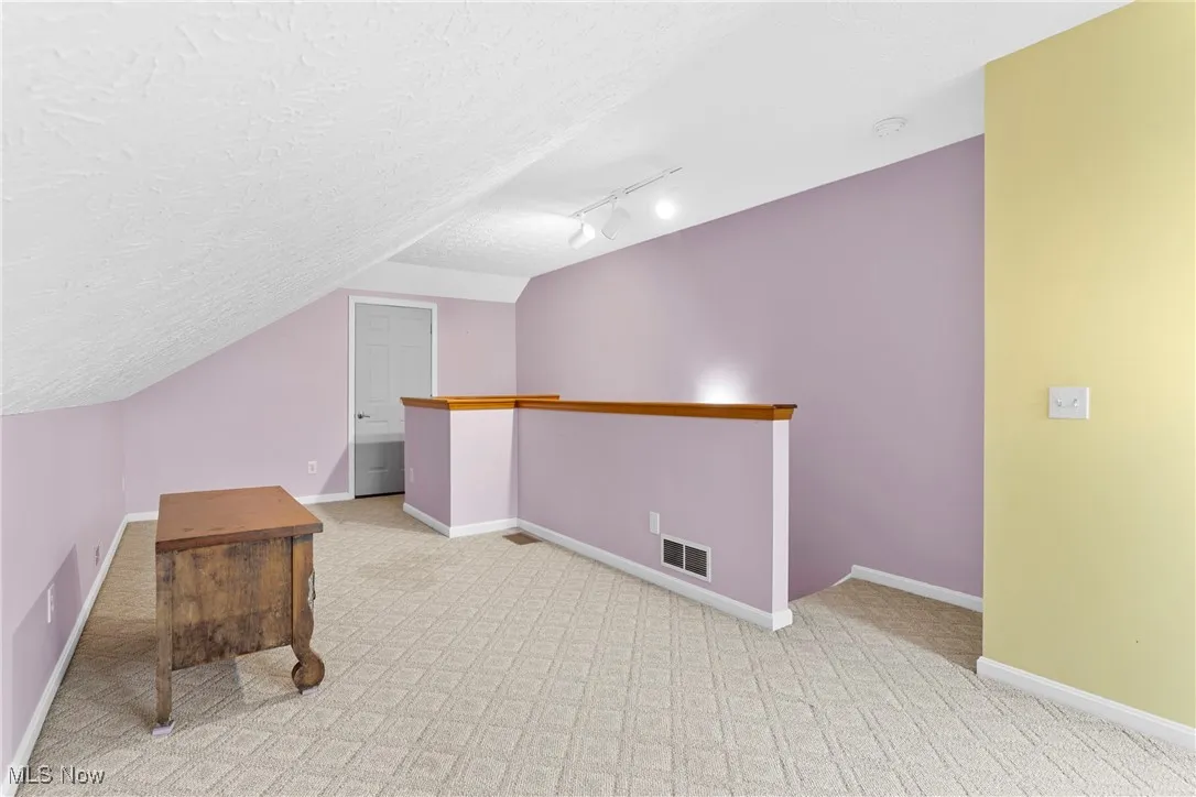 Bonus room featuring carpet floors, a textured ceiling, and vaulted ceiling