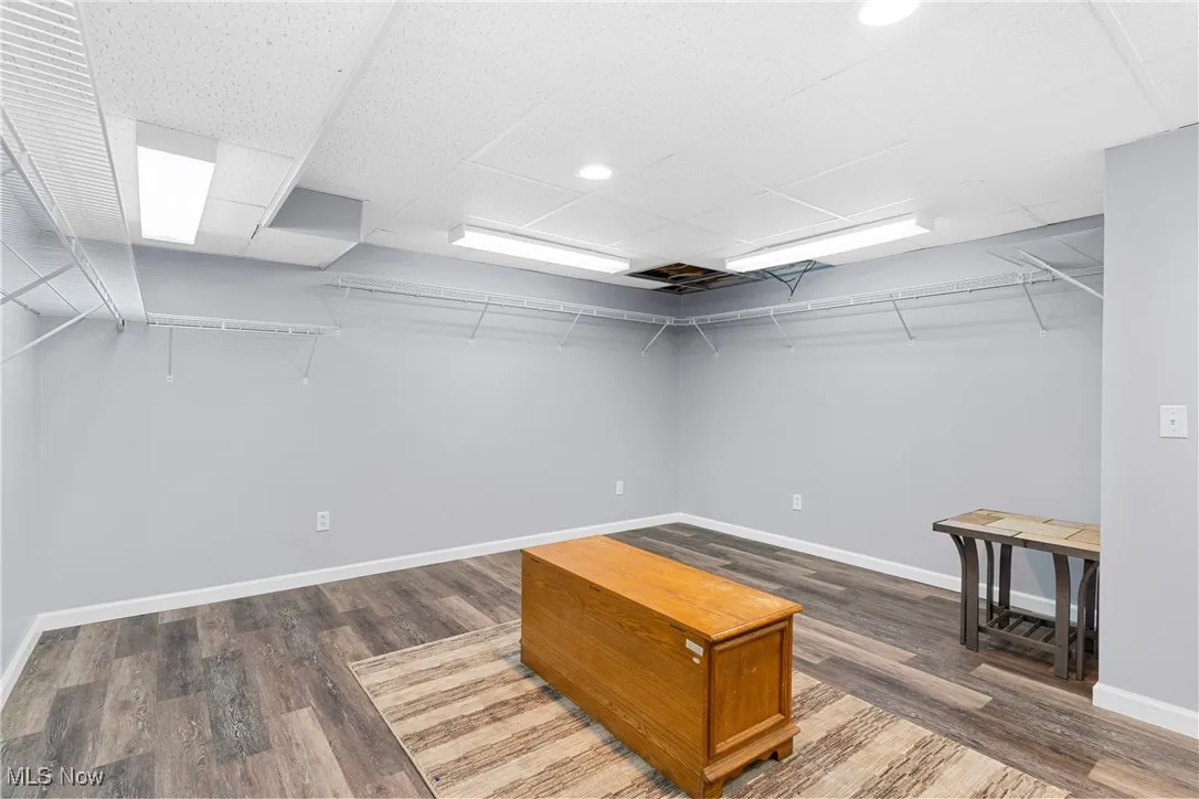 Spacious closet with dark wood-type flooring and a drop ceiling