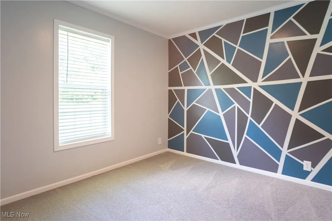 Carpeted spare room featuring crown molding and baseboards