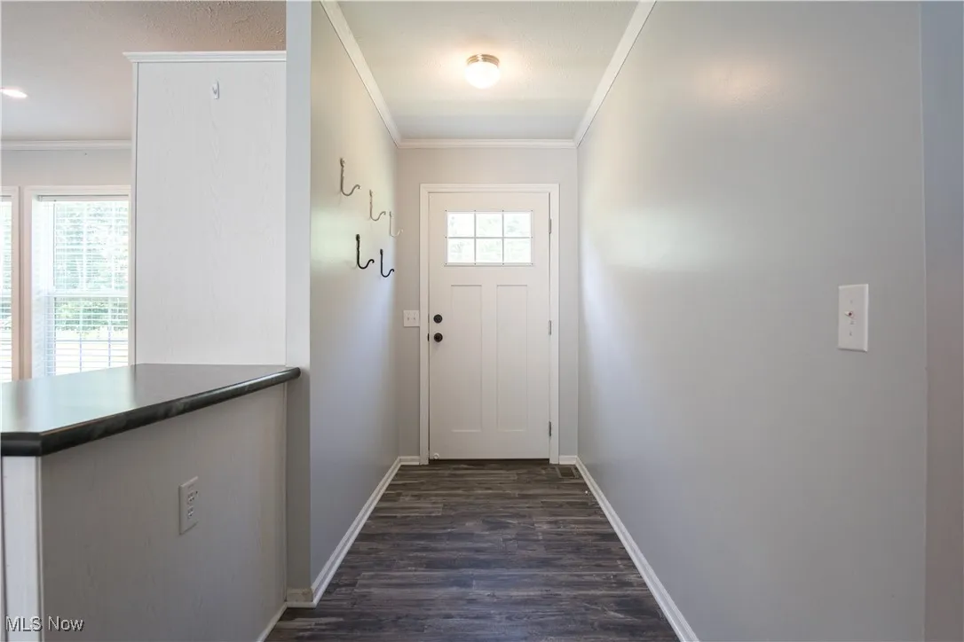 Doorway to outside with ornamental molding and dark wood-type flooring
