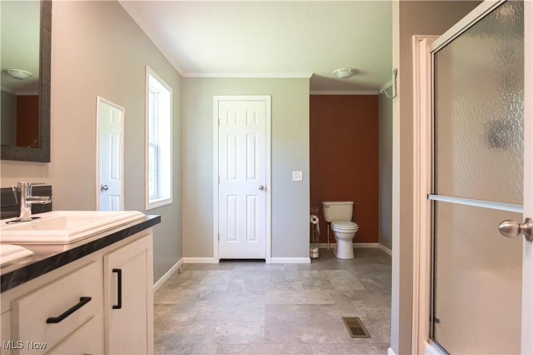 Full bath with crown molding, vanity, and a shower stall