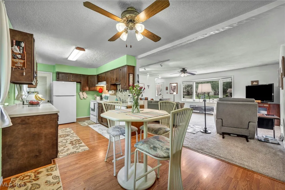 Dining room featuring ceiling fan, a textured ceiling, light wood finished floors, and track lighting