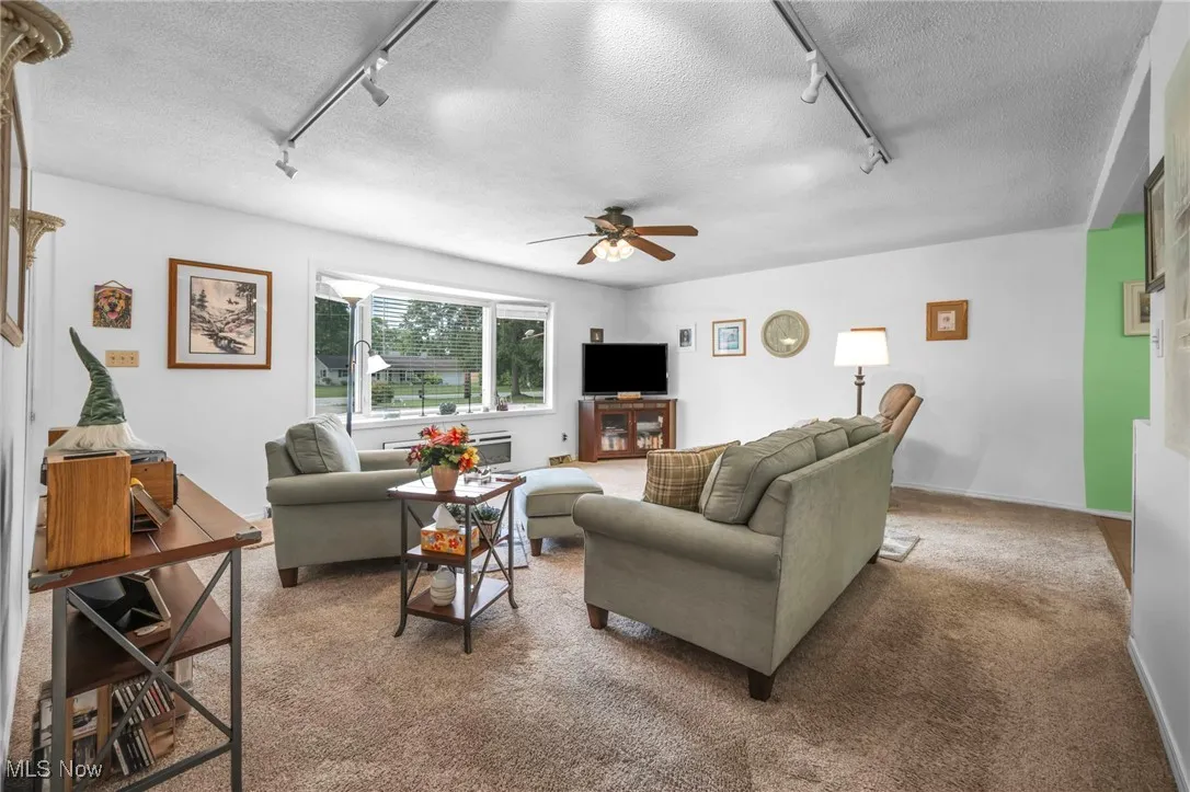 Living room featuring track lighting, a textured ceiling, a ceiling fan, and carpet floors