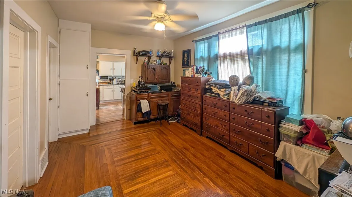 Office area with a ceiling fan