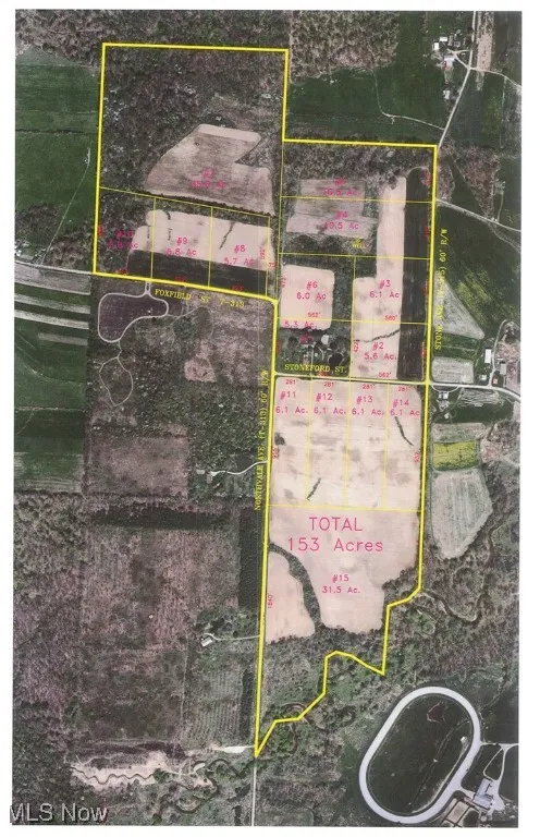 Aerial map of property and surrounding area with property parcel outlined