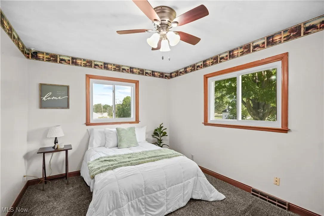 Carpeted bedroom with multiple windows and a ceiling fan