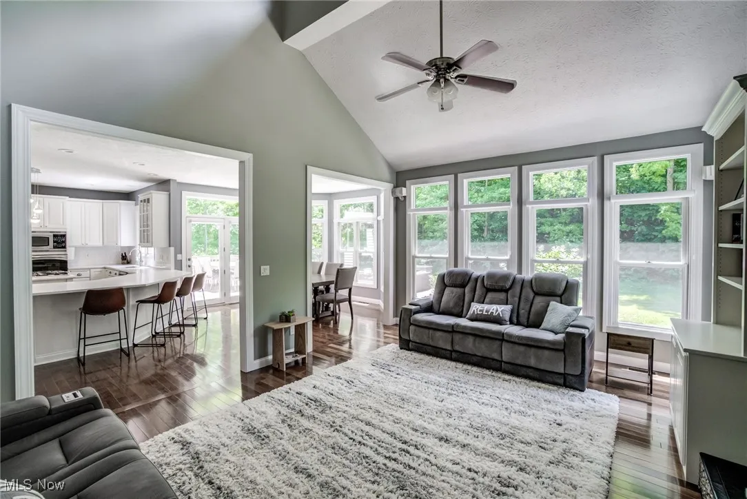 Living area featuring ceiling fan, high vaulted ceiling, and dark wood-style flooring
