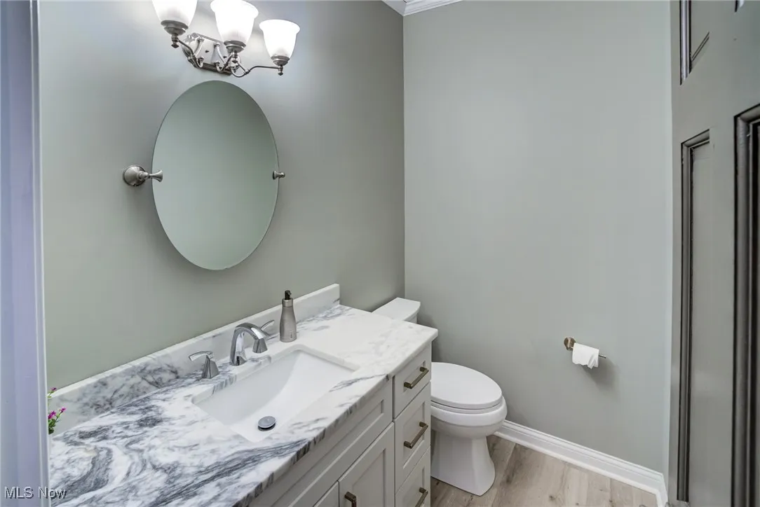 Half bathroom featuring vanity, wood finished floors, a chandelier, and ornamental molding
