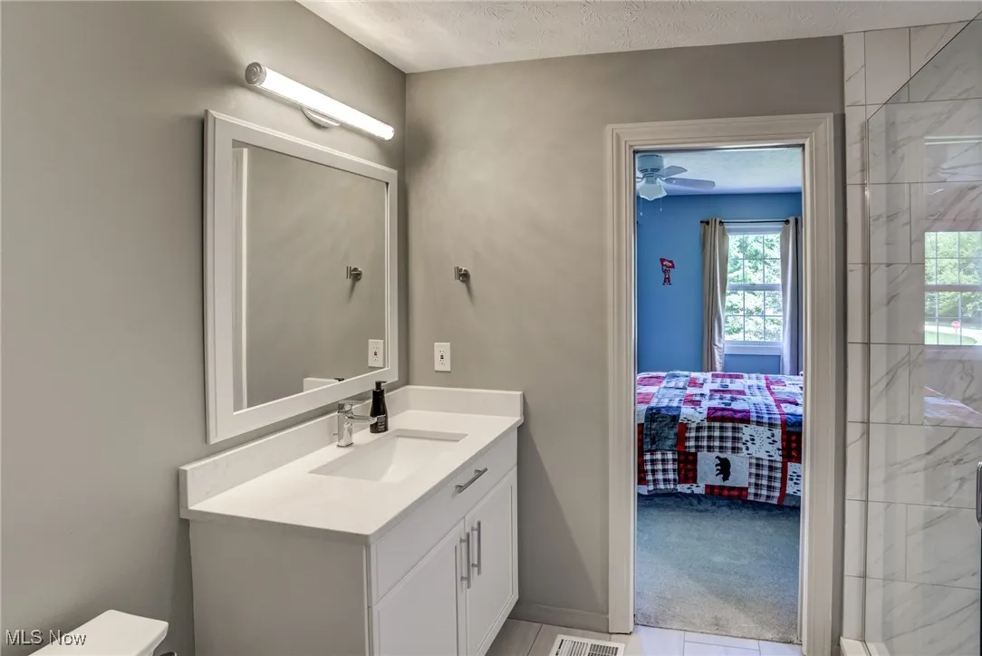Ensuite bathroom featuring vanity and a shower