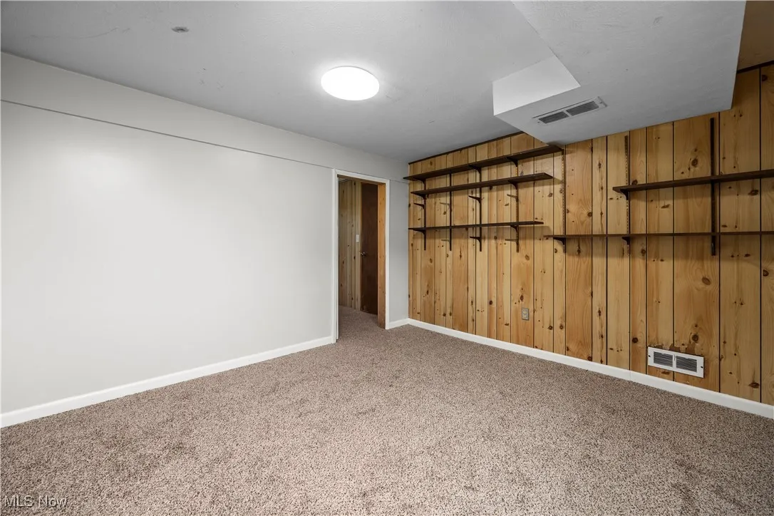 Spare room with carpet and wood walls