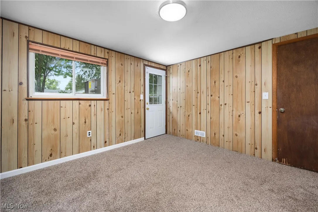 Recreation room featuring carpet floors and wood walls