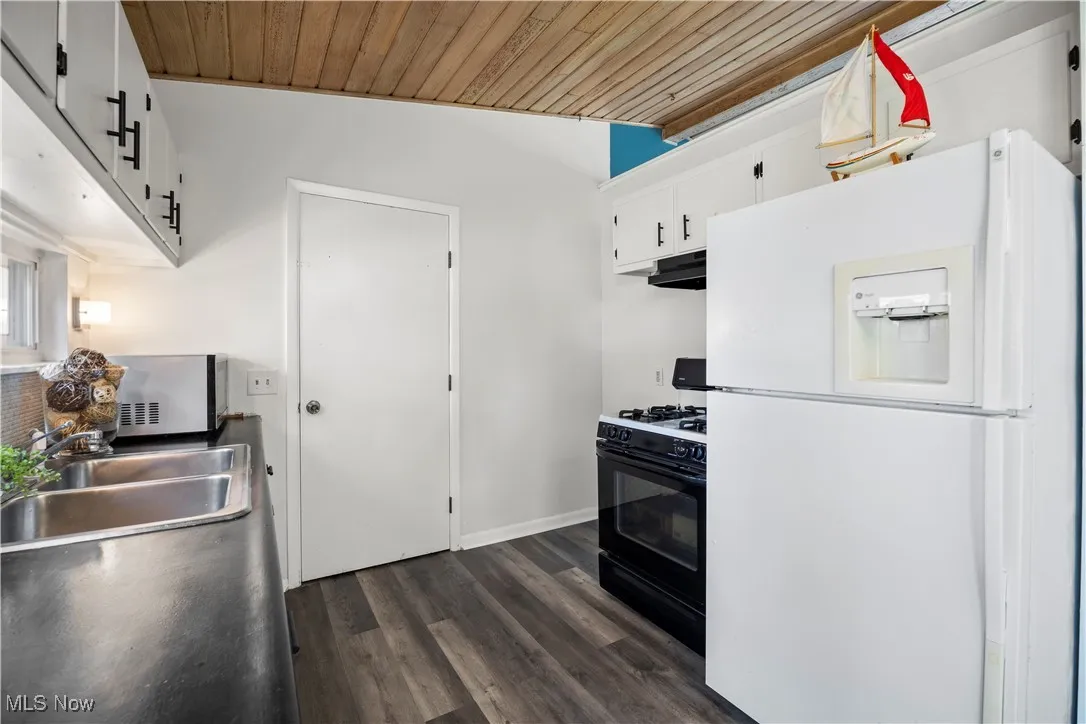 Kitchen featuring white appliances, wood ceiling, under cabinet range hood, dark wood-style floors, and white cabinetry