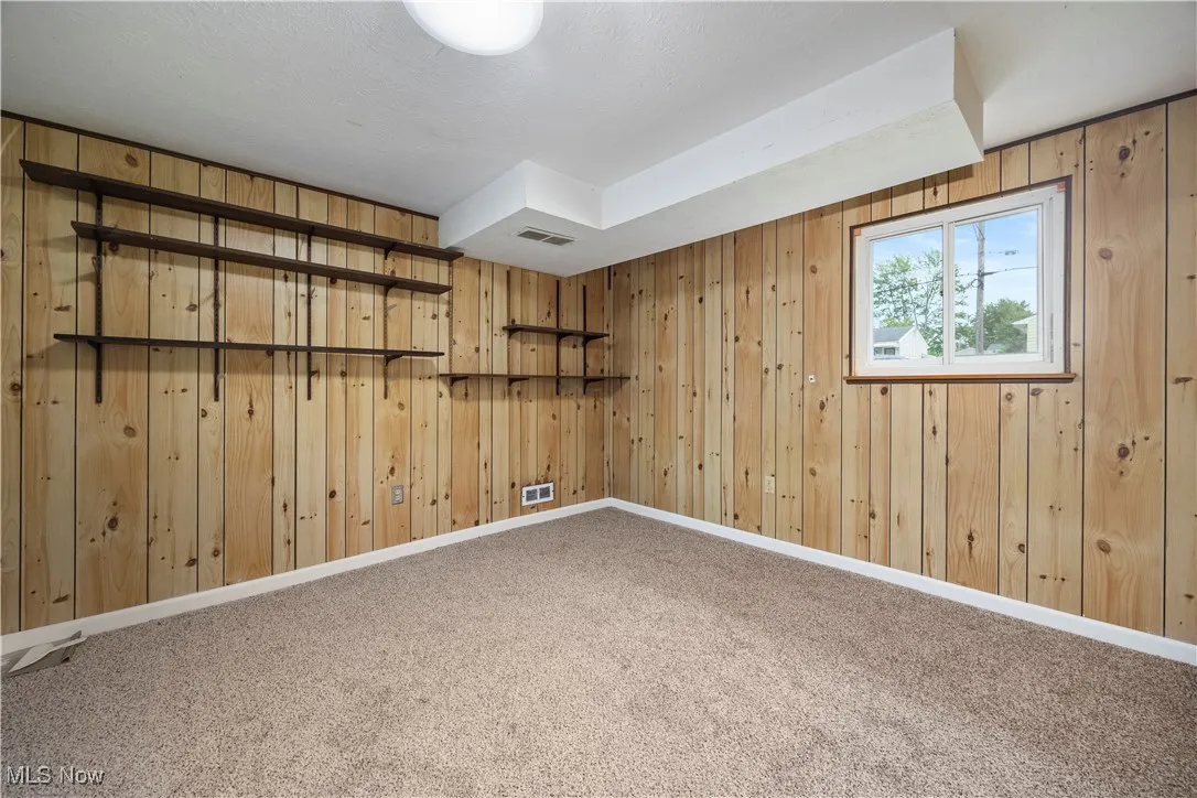 Unfurnished room with carpet flooring and wooden walls