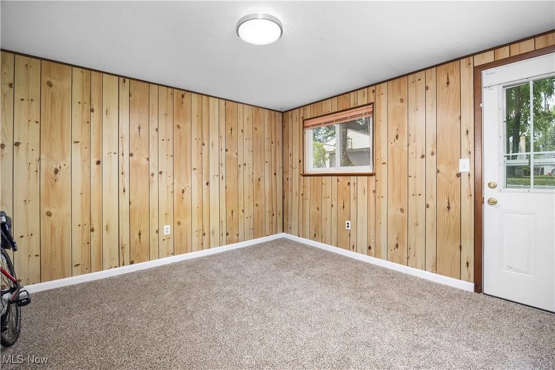 Carpeted spare room with healthy amount of natural light and wooden walls