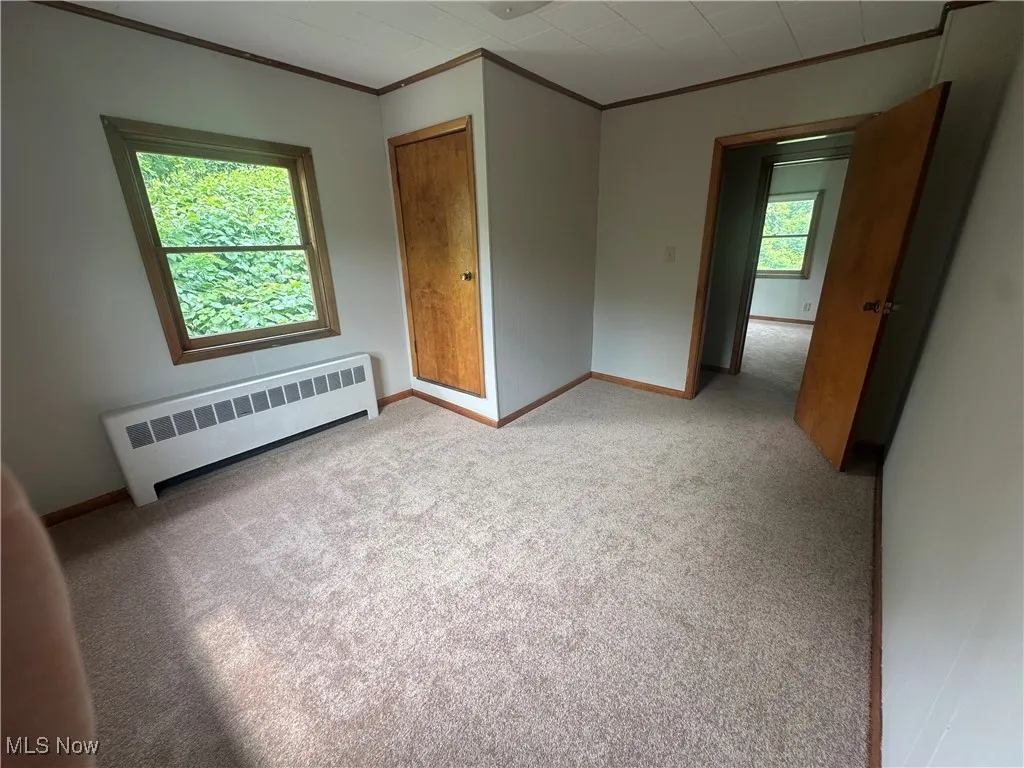 Empty room with radiator heating unit, crown molding, and light colored carpet