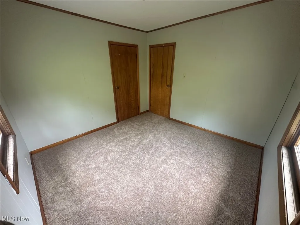 Carpeted empty room with ornamental molding and baseboards