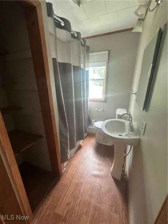 Bathroom with a shower with shower curtain and wood finished floors