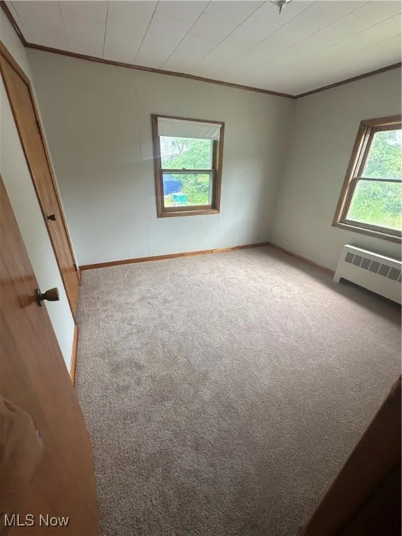 Carpeted spare room with crown molding and radiator