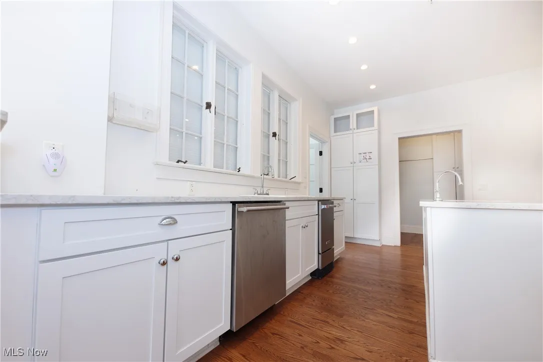 Kitchen featuring stainless steel dishwasher, white cabinets, glass insert cabinets, recessed lighting, and dark wood-style flooring