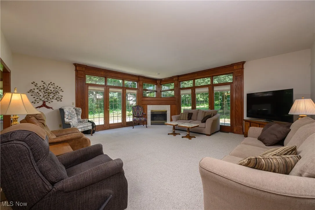 Carpeted living room with a fireplace