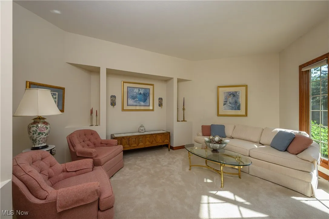 Living room featuring light carpet