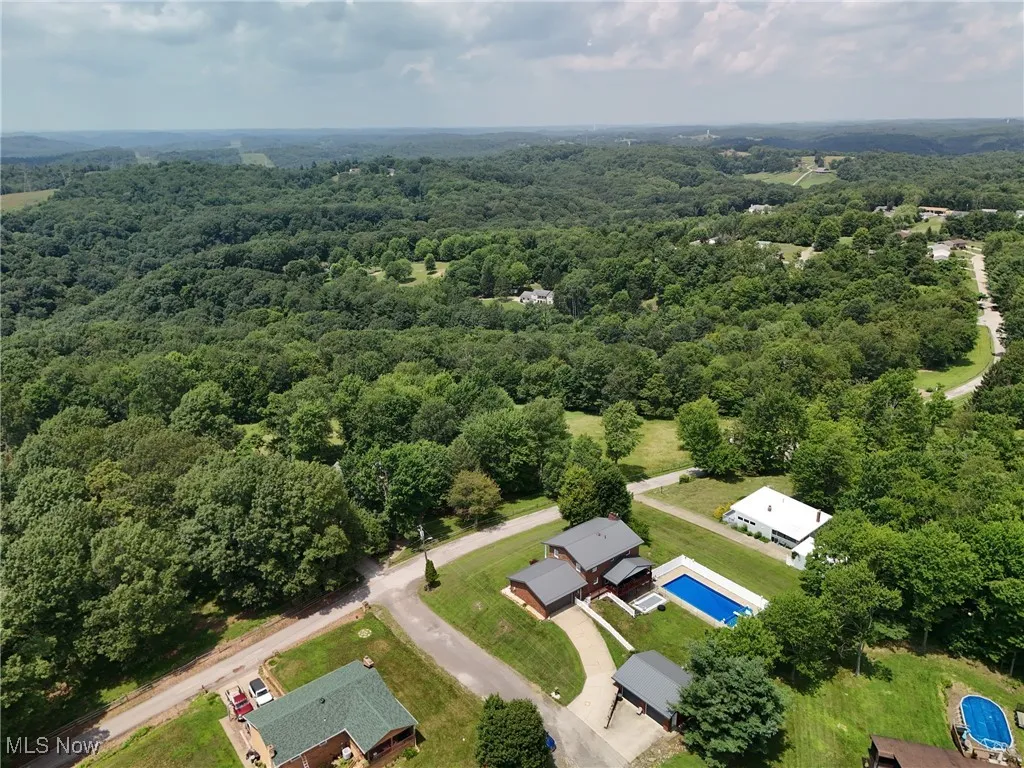 Aerial view of a heavily wooded area
