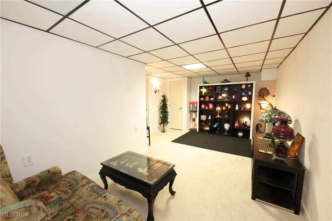Carpeted living area featuring a paneled ceiling