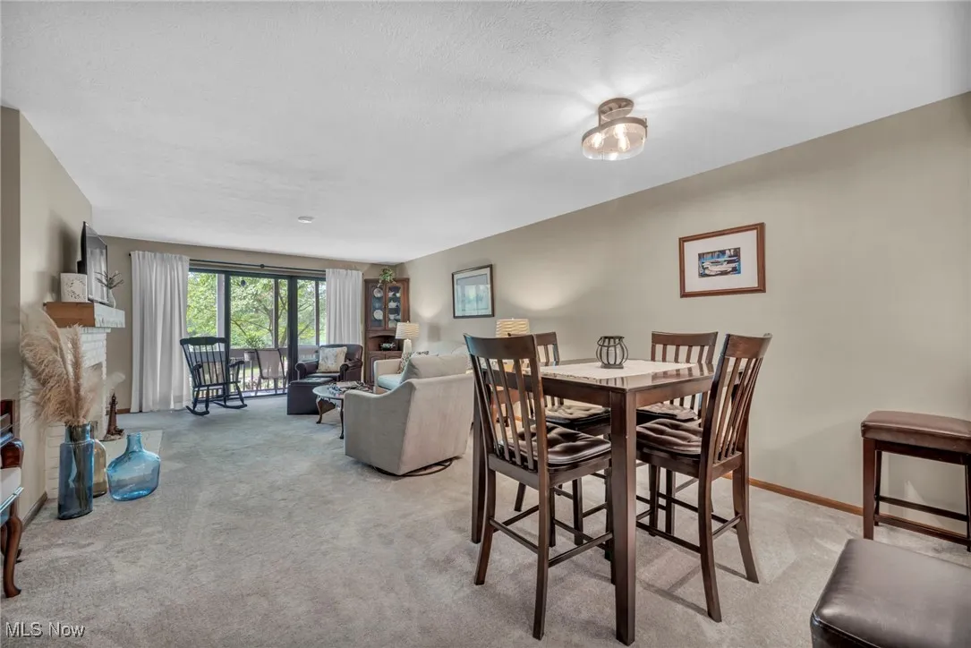 Dining room featuring light colored carpet and a textured ceiling