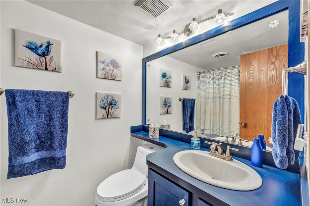 Bathroom featuring vanity and curtained shower