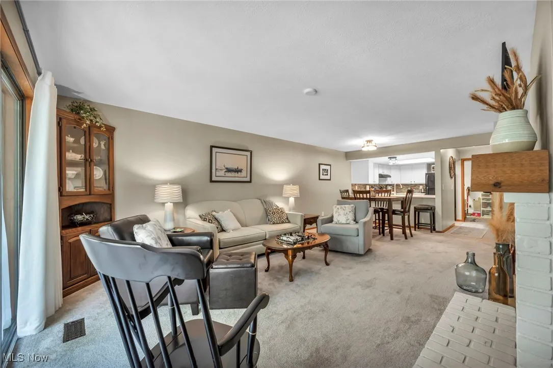 Living area with light carpet