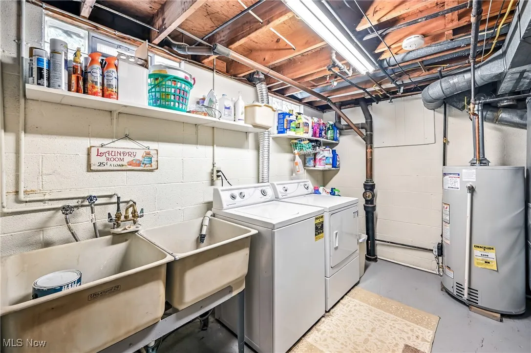 Laundry room featuring gas water heater and washer and clothes dryer