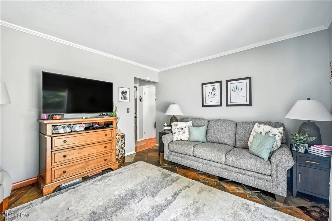 Living area with ornamental molding and stone finish floors
