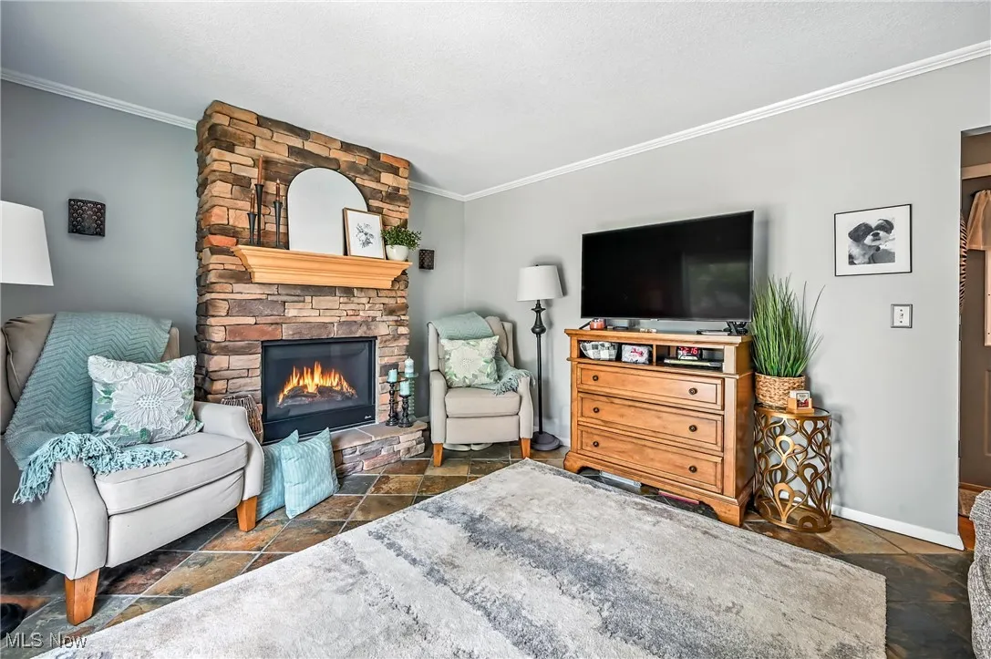 Living area with crown molding, a fireplace, and stone tile flooring