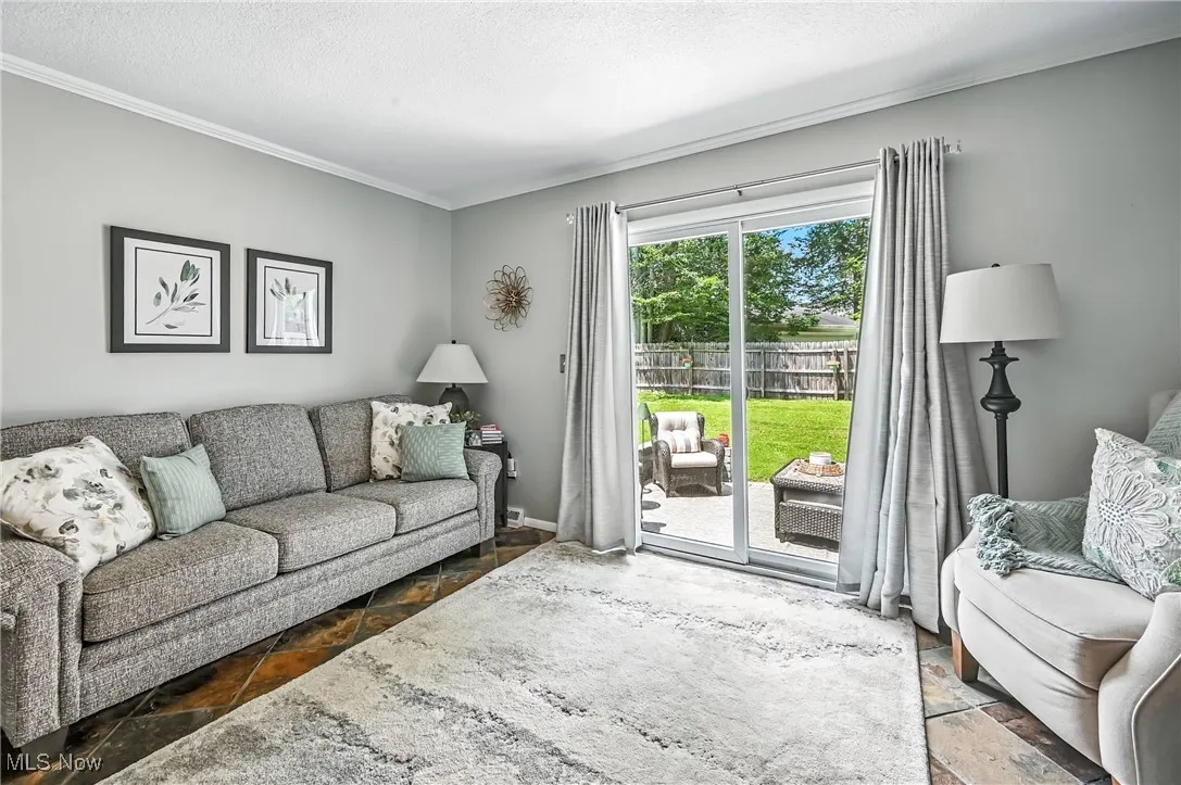 Living room featuring crown molding and a textured ceiling