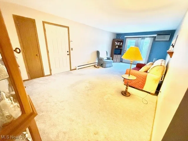 Sitting room featuring carpet and baseboard heating