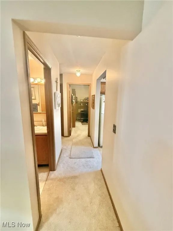 Hall featuring light carpet