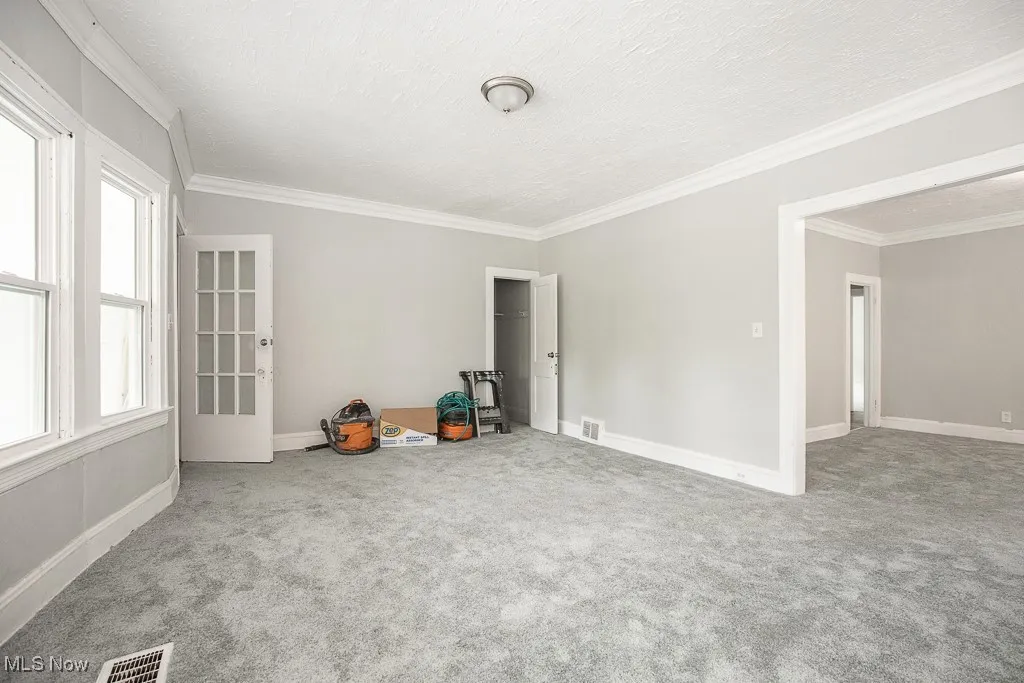 Carpeted spare room with ornamental molding and a textured ceiling