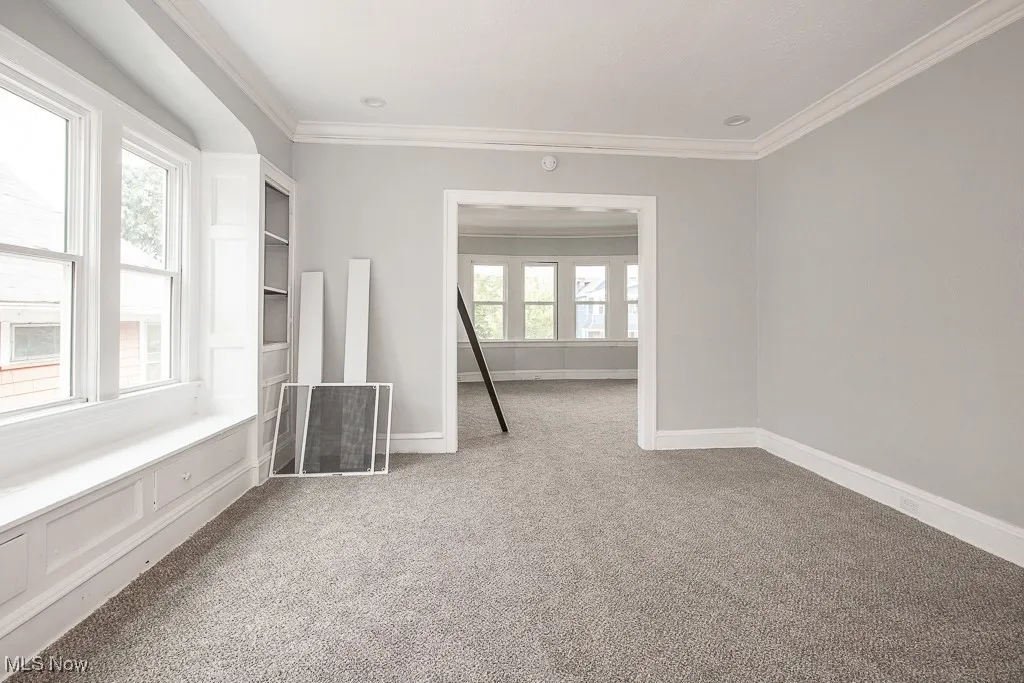 Spare room featuring crown molding and light carpet
