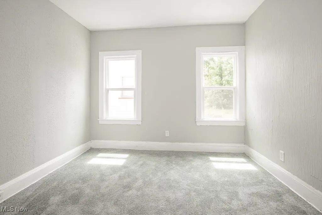 Empty room featuring carpet floors, plenty of natural light, and a textured wall