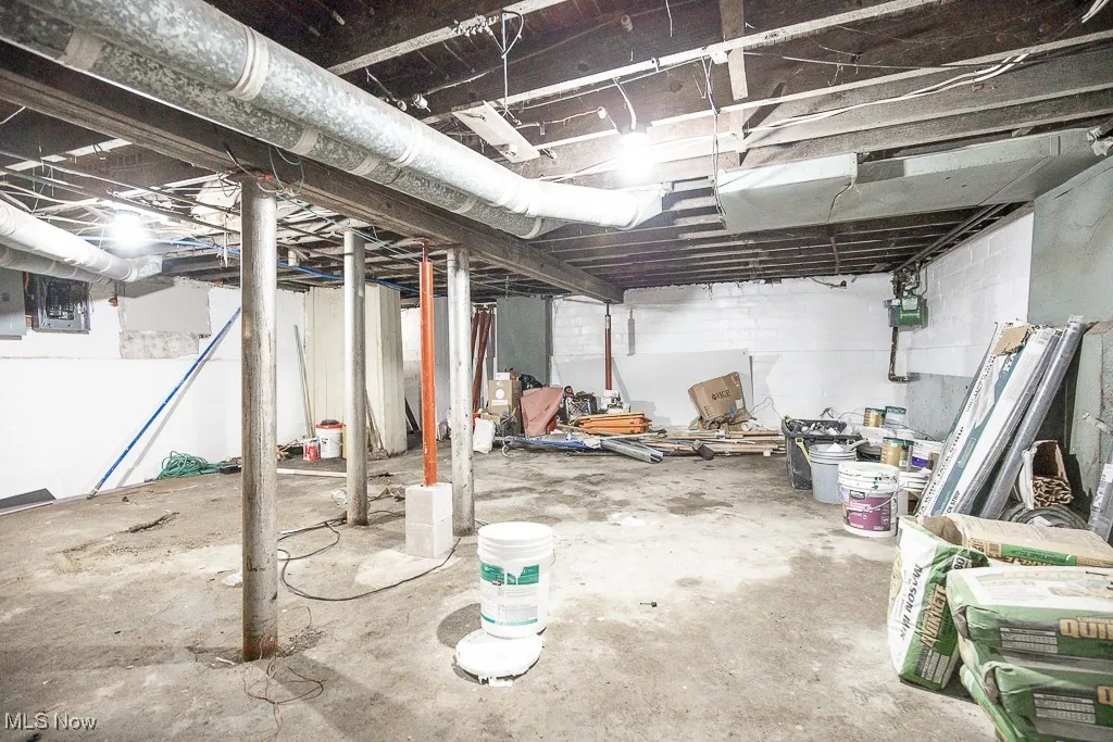 Unfinished below grade area featuring gas meter
